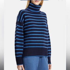 Theory Striped Turtleneck in Wool-Cashmere Navy Blue Stripe Size S/M